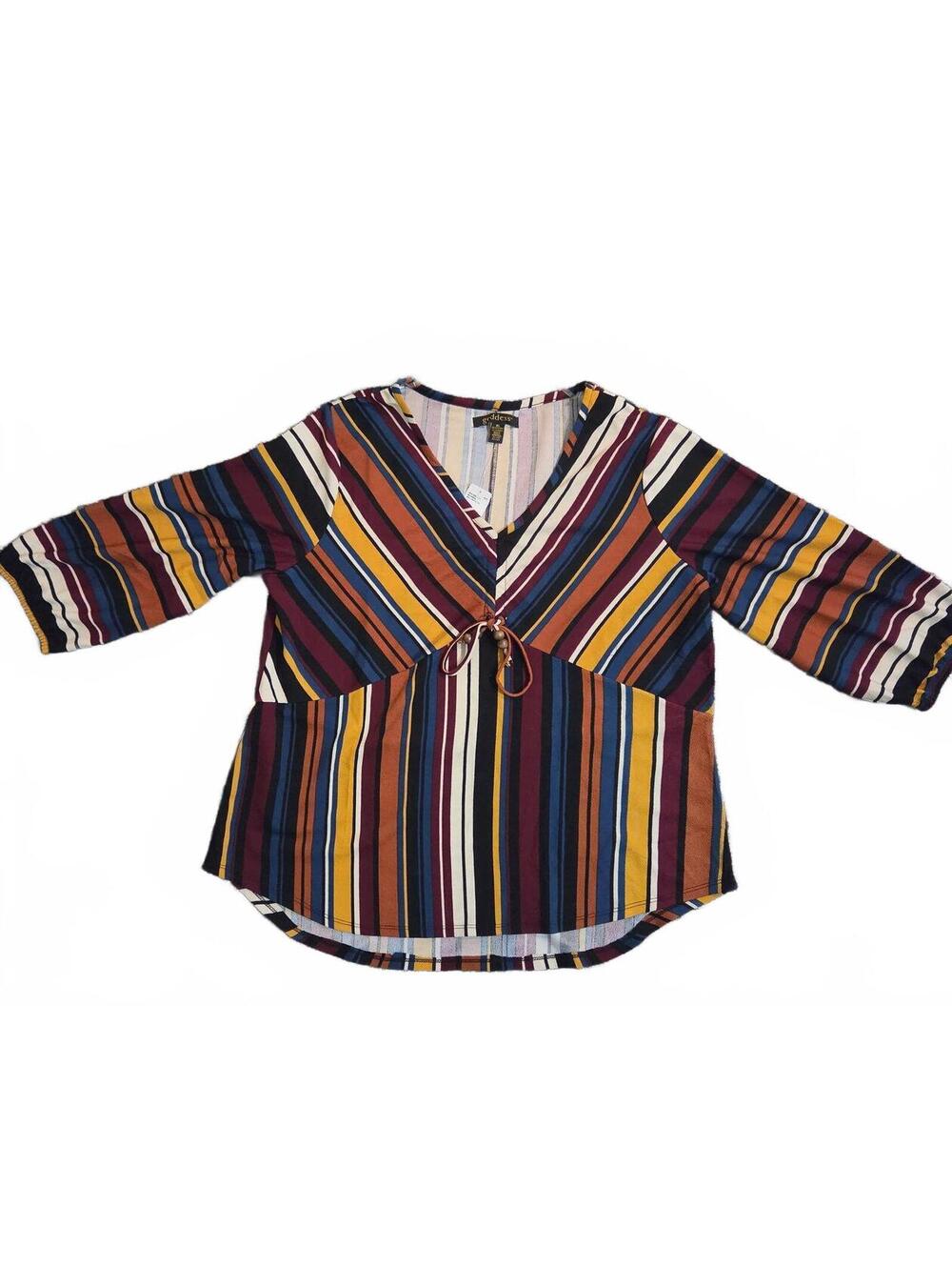 Goddess Women's X-Large Multicolor Striped V-Neck Tie Front Blouse